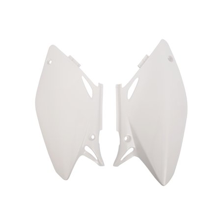 White plastic side panels designed for Honda CRF450R models from 2002 to 2004, featuring a sleek aerodynamic shape and cutouts for mounting.