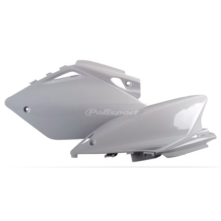 White plastic side panels designed for Honda CRF450R models from 2005-2006, featuring smooth contours and a polished finish, with the Polisport logo visible.