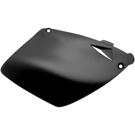 Black plastic side panel for Kawasaki KX 125/250 models from 2003 to 2008, featuring a sleek design with a cutout and mounting holes for easy installation.