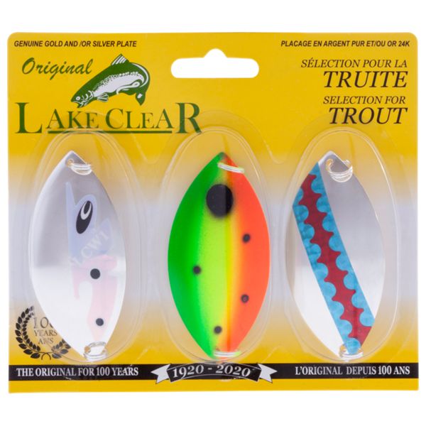 Three colorful fishing spoons in a kit, featuring a silver finish with vibrant patterns, including a rainbow design and a red-orange gradient, packaged in a bright yellow box.