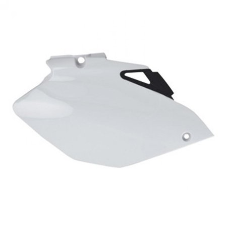 White plastic side panel for Kawasaki KXF250 (2009-2012) and KXF450 (2009-2011), featuring a sleek design with a black accent and mounting holes for easy installation.