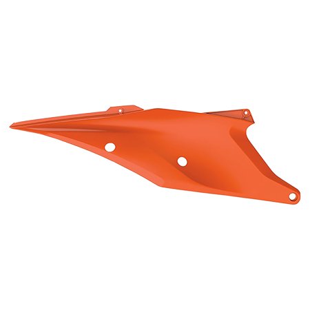 Bright orange plastic side panel designed for KTM SX/SXF/XC-F 2019-22 and EXC/EXC-F 2020-23 models, featuring smooth contours and pre-drilled holes for easy installation.