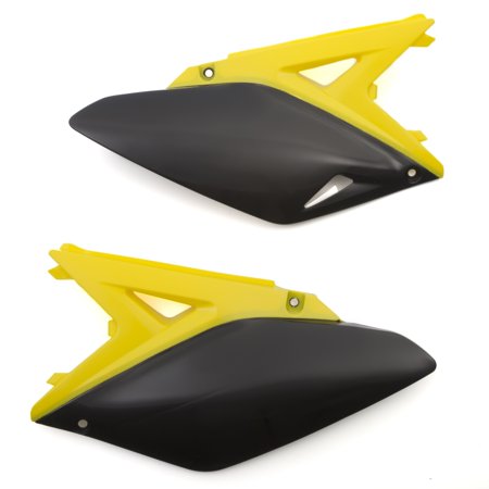 Yellow and black plastic side panels designed for Suzuki RMZ250 models from 2010 to 2018, featuring a sleek aerodynamic shape and mounting points for easy installation.