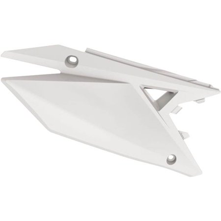 White plastic side panels designed for Suzuki RMZ250 (2019-23) and RMZ450 (2018-23) motorcycles, featuring a sleek, angular shape with mounting holes.