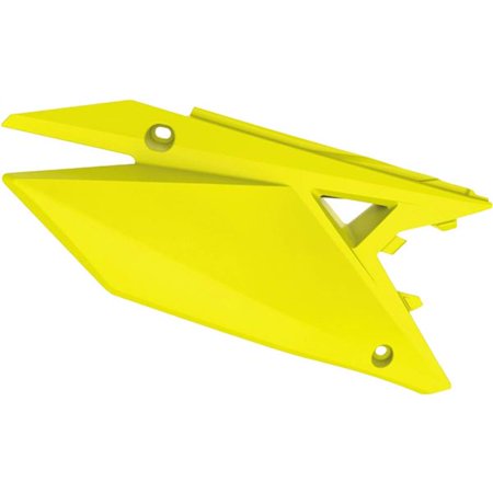 Bright yellow plastic side panels designed for Suzuki RMZ250 (2019-23) and RMZ450 (2018-23), featuring a sleek aerodynamic shape and mounting holes for easy installation.