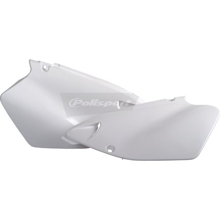 White plastic side panels designed for Yamaha YZ 125/250 models from 1996 to 2001, featuring a sleek shape and mounting holes for easy installation.