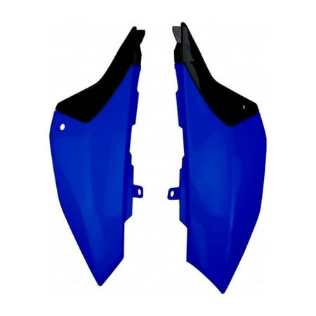 Blue plastic side panels for Yamaha YZ65 (2019-2024), featuring a sleek design with a black top section and mounting holes for easy installation.