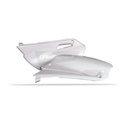 White plastic side panels designed for Yamaha YZ85 models from 2002 to 2014, featuring a sleek design and the Polisport logo prominently displayed.