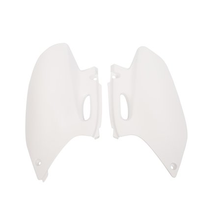 White plastic side panels designed for Yamaha YZF250/426 (2000-02), WRF250 (2001-02), and WR400 (1998-2000), featuring cutouts for easy installation and a sleek finish.