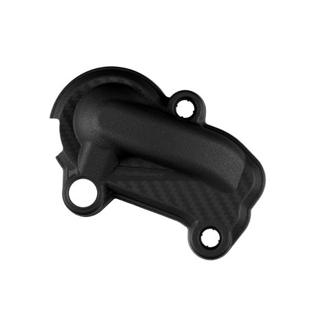 Black Polisport water pump protector made of durable material, featuring a textured surface and precise cutouts for mounting on Gas Gas, Husqvarna, and KTM models from specific years.