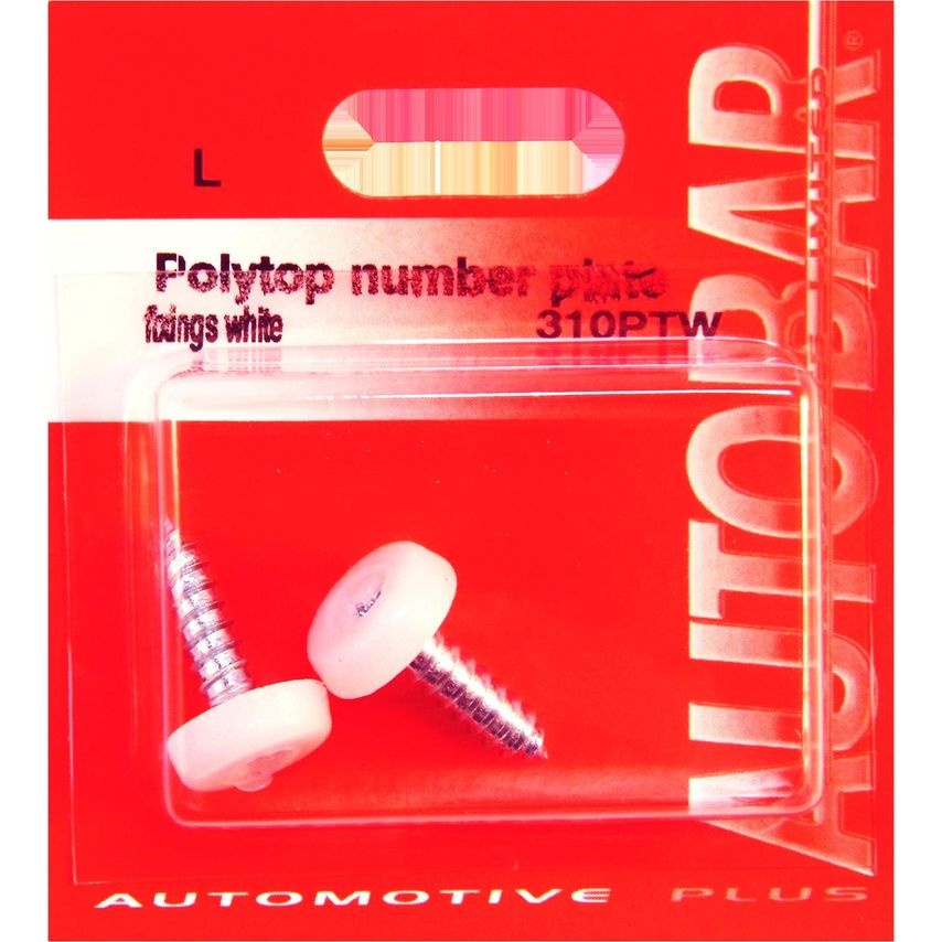 White Polytop number plate fittings by Autobar, pack of 2, featuring round heads and metal screws, displayed in a clear plastic packaging with a bright red background.