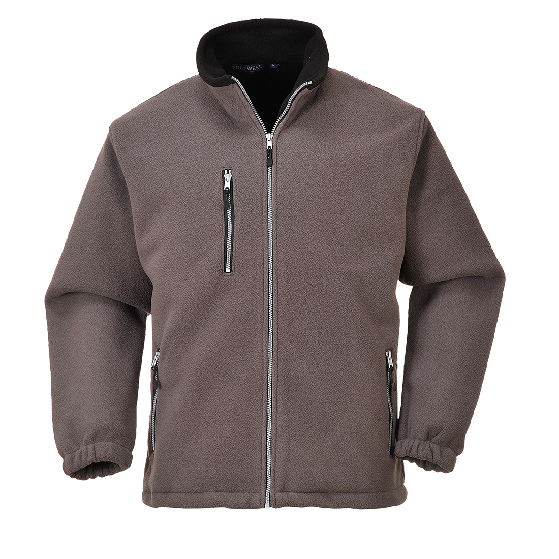 Grey fleece jacket by Portwest in XL size, featuring a zip front, two zippered chest pockets, and elastic cuffs for a snug fit.