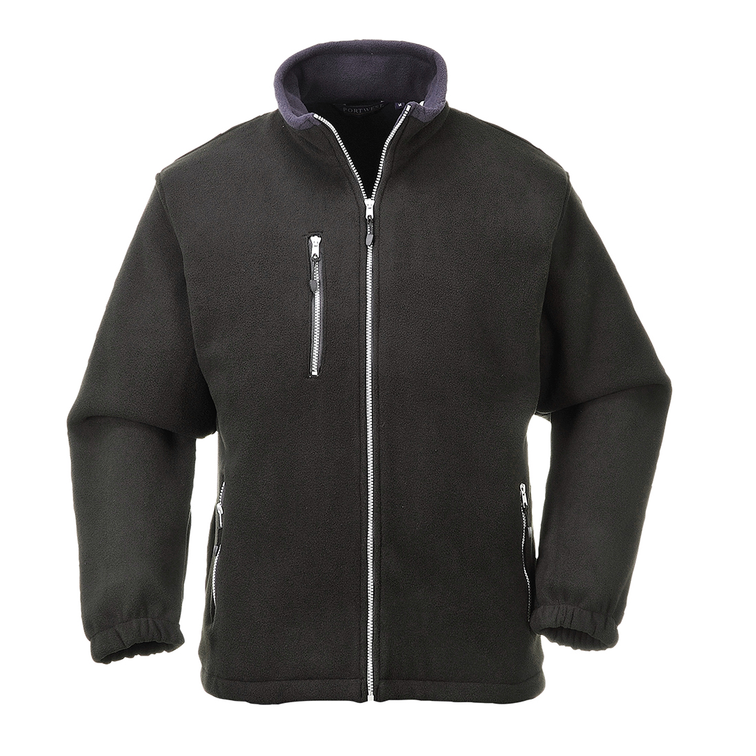 Black fleece jacket with a zip front, high collar, and two side pockets, featuring elastic cuffs and a contrasting inner collar.