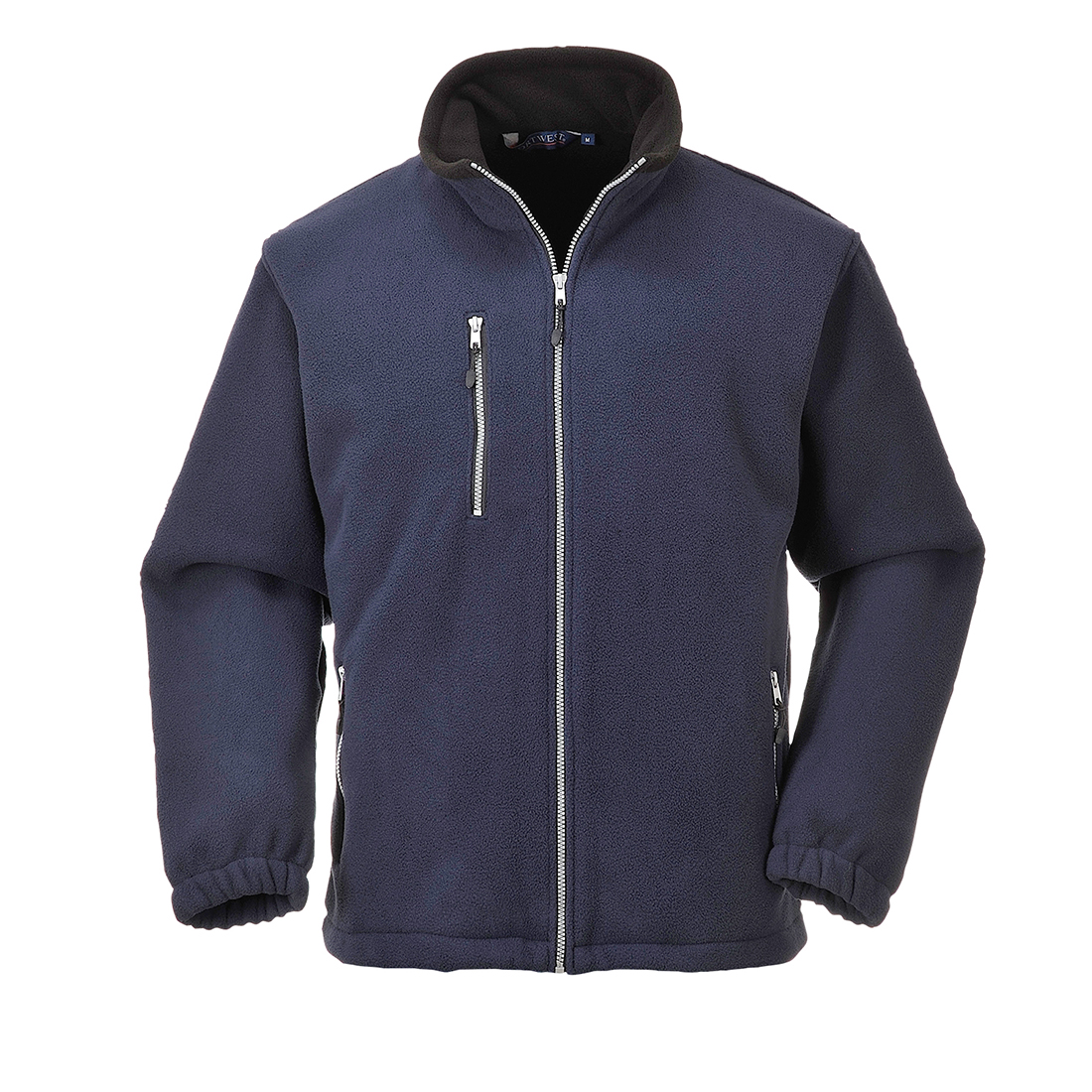 Navy blue fleece jacket with a high collar, zippered front, and two side pockets, featuring elastic cuffs and a soft, warm material, size XS.