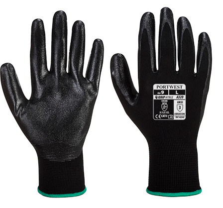 Black Portwest Dexti-Grip gloves with textured grip, featuring a snug fit and green wrist cuff, packaged in a set of 12.