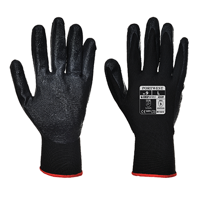 Black Portwest Dexti-Grip gloves in size 2XL with a textured grip, featuring a red cuff and labeled with product details, packaged as a set of 12.