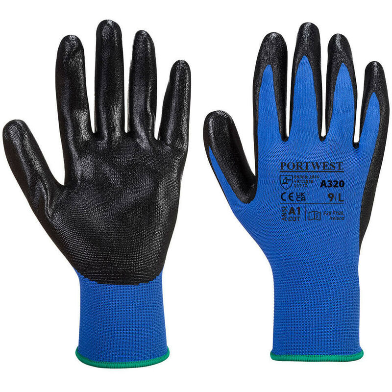 Black-coated gloves with a blue nylon knit wrist, featuring a textured grip and CE certification, packaged in a set of 12, size 2XL, model POW22526 by Portwest.