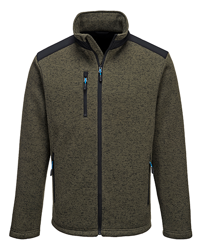 Olive green Portwest KX3 Performance Fleece jacket featuring a high collar, zippered pockets, and black shoulder panels for added durability.