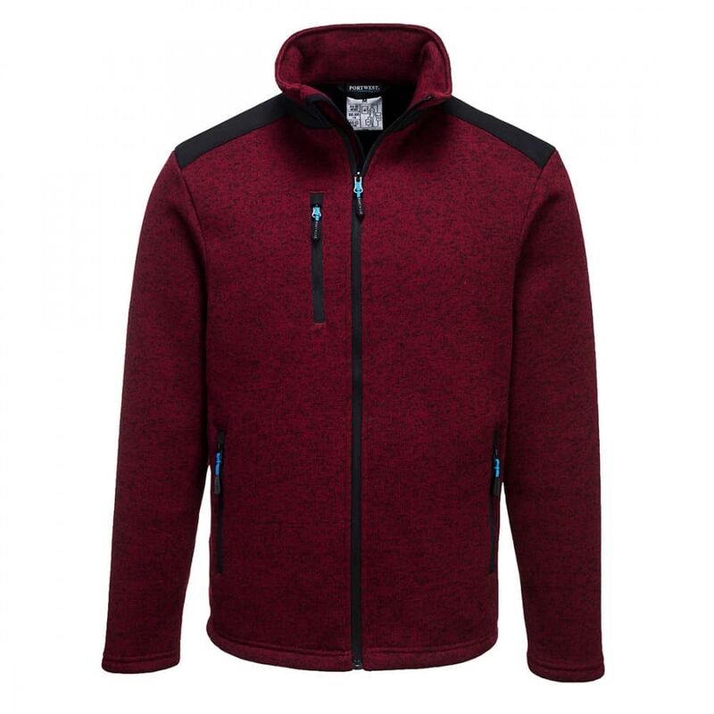 Red Portwest KX3 Performance Fleece in XL, featuring a zippered chest pocket, two side pockets, and black shoulder accents for added durability.