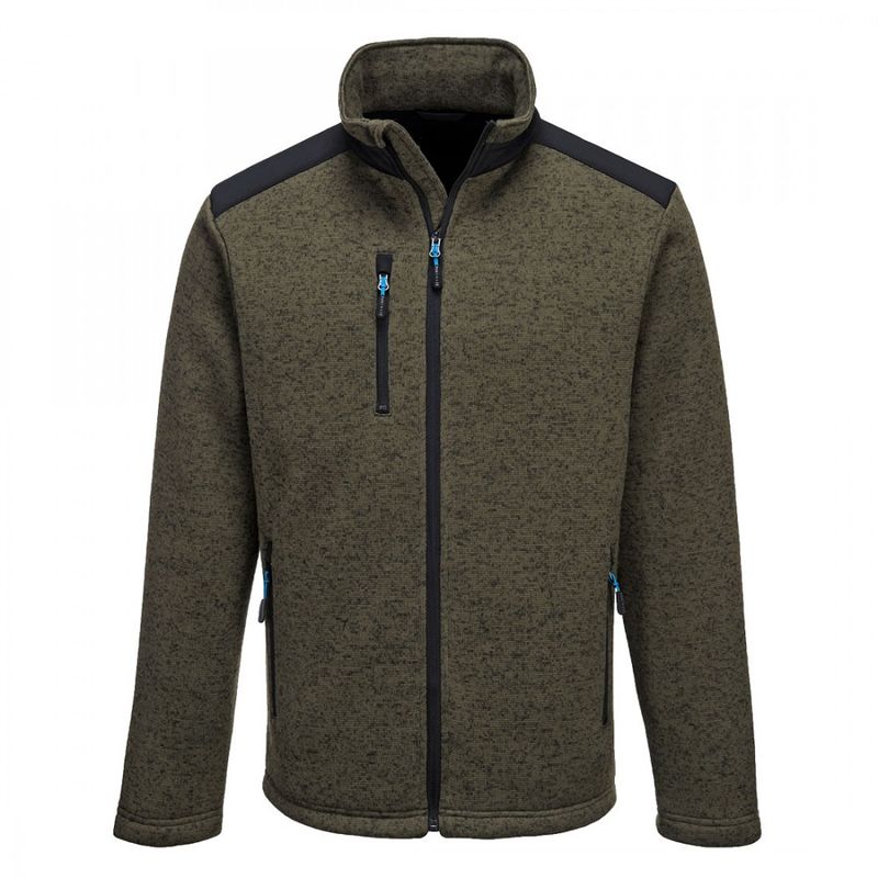 Olive green Portwest KX3 Performance Fleece in XXL, featuring a zippered chest pocket, black shoulder panels, and contrasting blue zipper details.