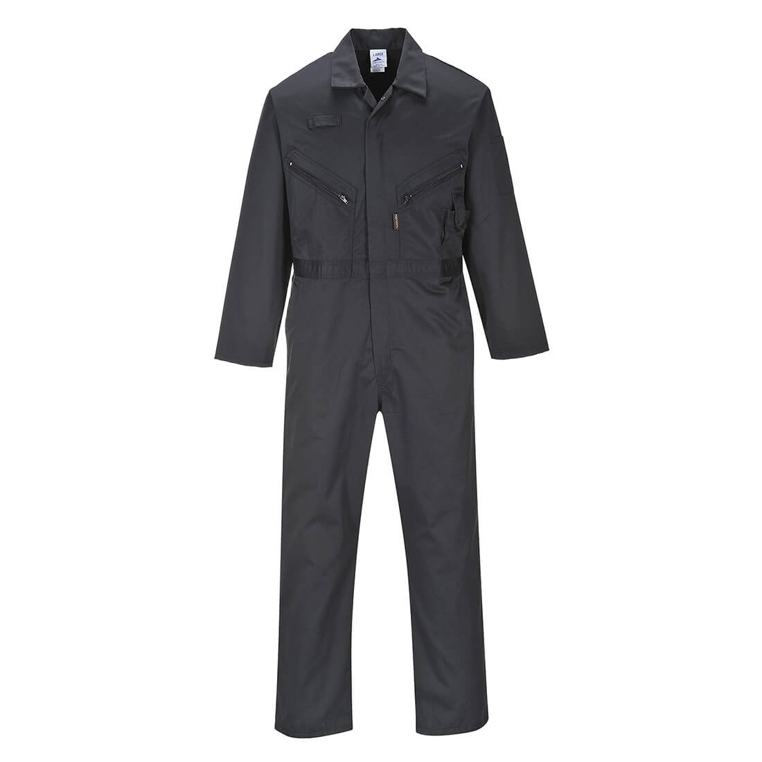 Black zip coverall with long sleeves, multiple zippered pockets, and a tailored fit, made from durable fabric, designed for comfort and functionality in work environments.