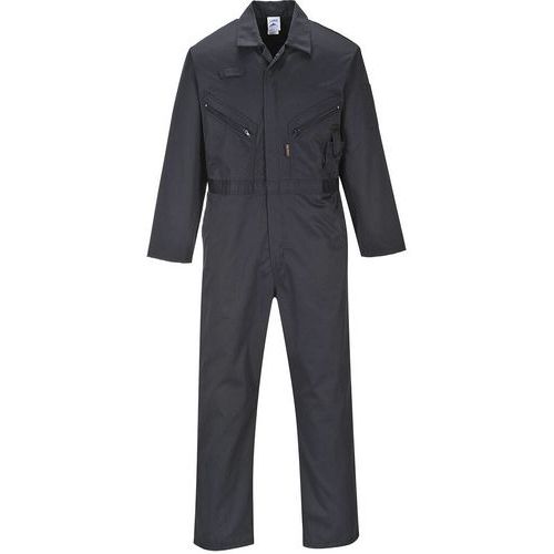 Black zip coverall made from durable material, featuring long sleeves, a fitted waist, multiple pockets, and a tall size XL design, ideal for workwear or protective clothing.