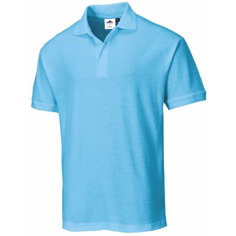 Light blue Portwest Naples polo shirt in size L, featuring a classic collar, short sleeves, and a soft, breathable fabric suitable for casual wear.