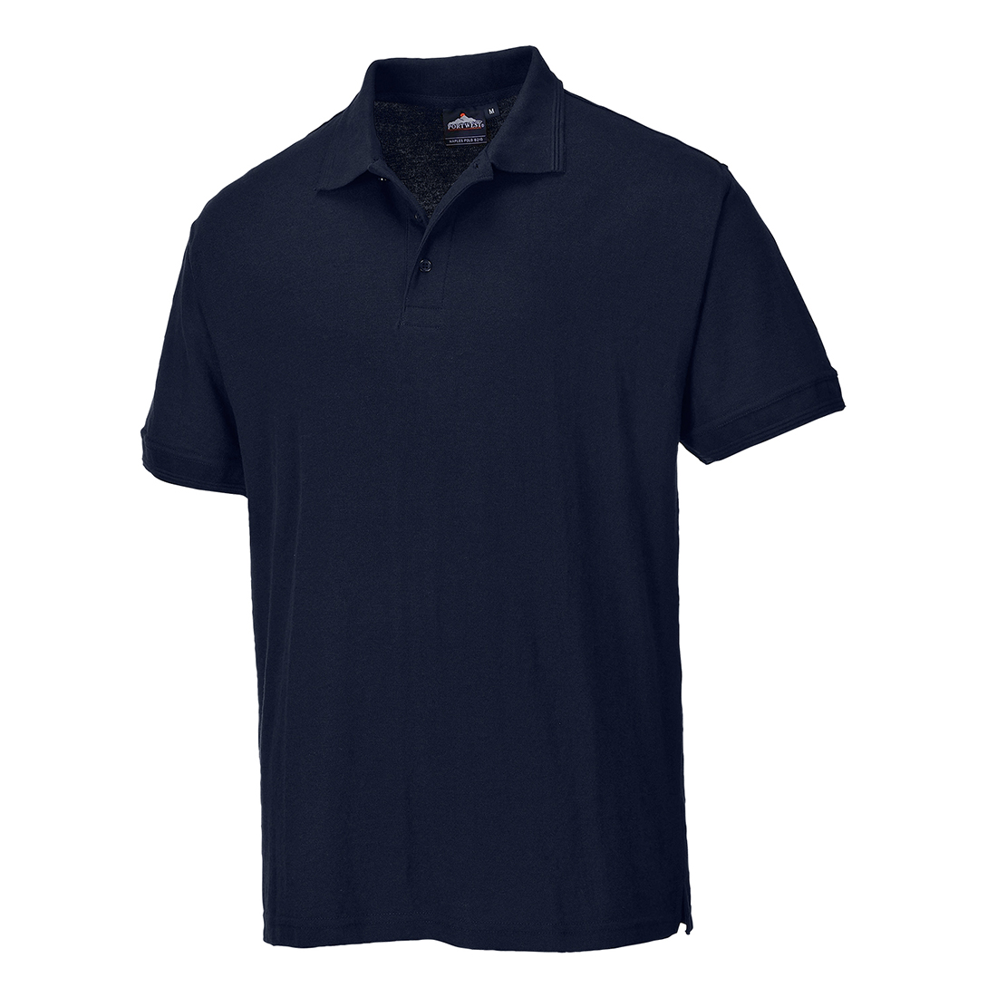 Dark navy short-sleeve polo shirt made of breathable fabric, featuring a classic collar, three-button placket, and side slits for comfort and ease of movement.