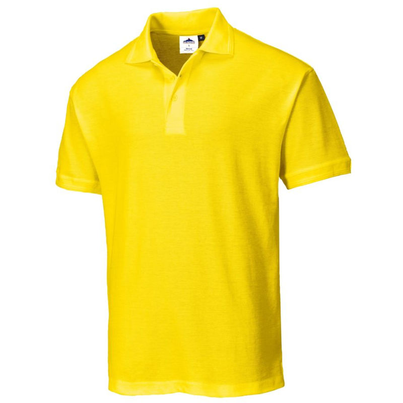 Bright yellow Portwest Naples polo shirt in size S, featuring a classic collar, short sleeves, and a soft, breathable fabric ideal for casual wear.