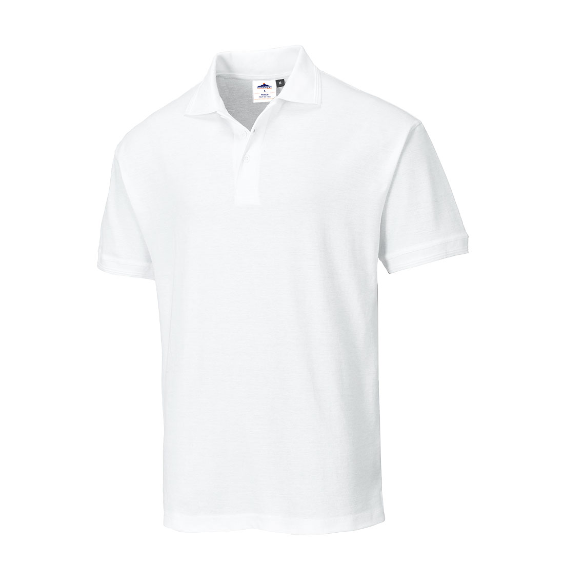 White short-sleeve polo shirt made of breathable fabric, featuring a classic collar and three-button placket, designed for comfort and style, size XL.