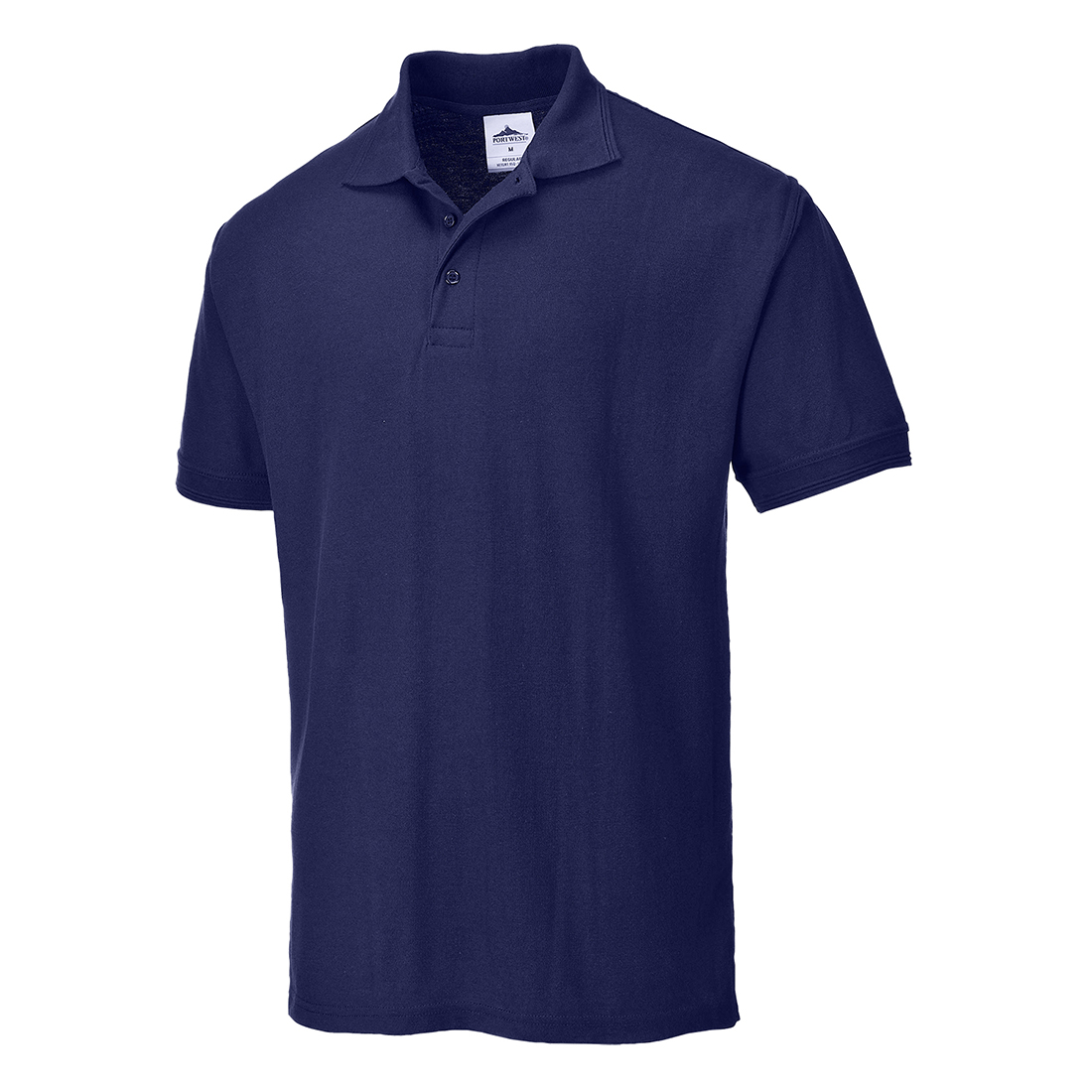 Navy blue Portwest Naples polo shirt in size 5XL, featuring a classic collar, short sleeves, and a three-button placket, made from breathable cotton material.