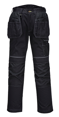Black Portwest PW3 men's holster work trousers featuring multiple pockets, reinforced knee panels, and contrasting stitching, designed for durability and functionality.