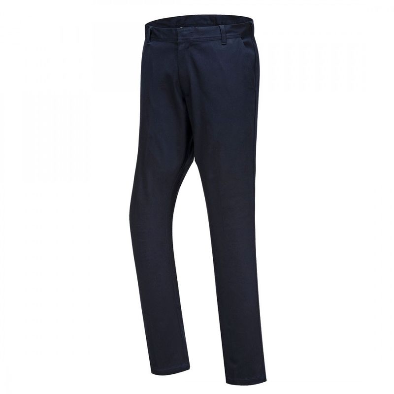 Dark navy slim-fit chino trousers made from stretch material, featuring a classic design with a smooth finish and tapered legs for a modern look.