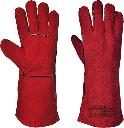 Red thermal liner gloves with a long cuff, made from durable material, featuring black stitching and a label indicating size 2X-Large by Portwest.