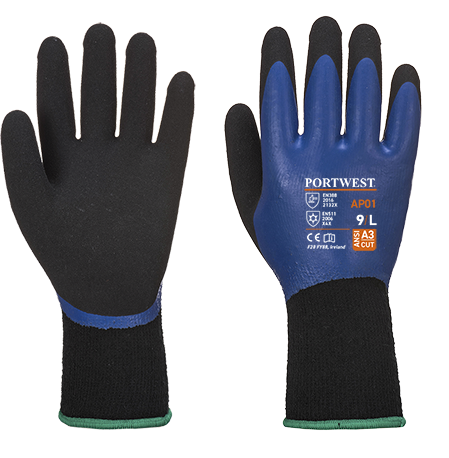 Black and blue Portwest Thermo Pro gloves with a textured grip, knit wrist, and safety features, packaged in a pack of 12, size XL.