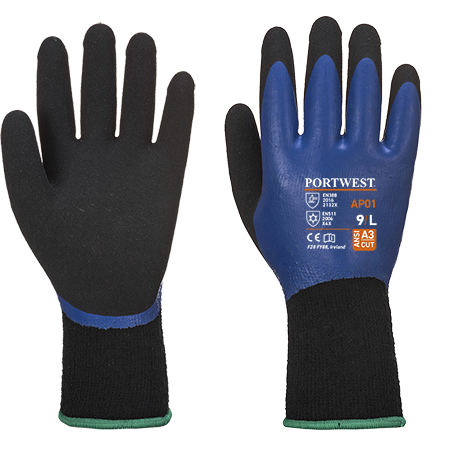 Portwest Thermo Pro gloves in black and blue, featuring a textured grip, knitted wrist for snug fit, and labeled with size 2XL, packed in a set of 12.