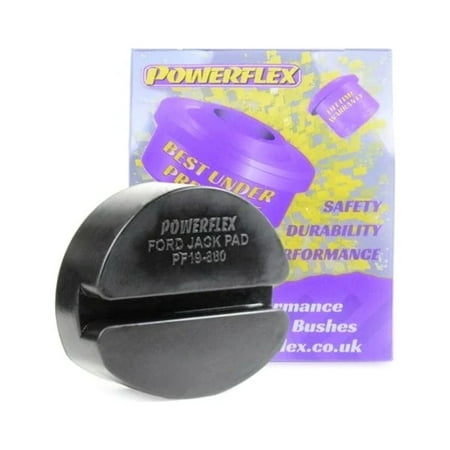 Black rubber Ford Jack Pad Adapter by Powerflex, featuring a circular design with a slot, packaged with a colorful purple and yellow box highlighting safety and performance.