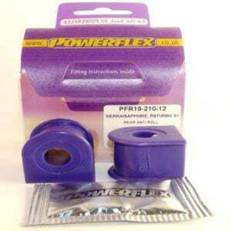 Purple anti-roll bar bushes in a pack of two, designed for rear suspension, with a cardboard backing featuring Powerflex branding and fitting instructions.
