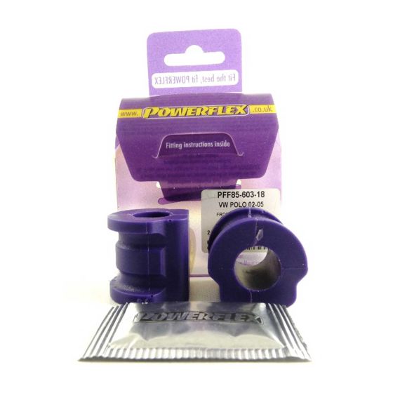 Purple anti-roll bar bushes in a pack of two, featuring a cylindrical shape and a cut-out section, with fitting instructions included in a silver packet.