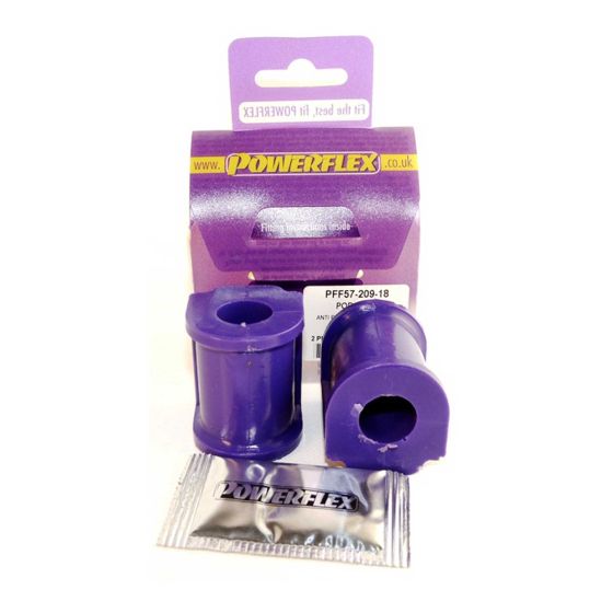 Purple polyurethane anti-roll bar bushes, two pieces, packaged with a small Powerflex branded sachet, designed for 18mm bars, displayed in a clear plastic and cardboard packaging.