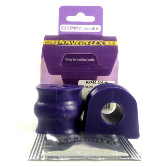 Purple anti-roll bar bushes made of durable rubber, packaged with fitting instructions, featuring a unique shape for enhanced vehicle stability.