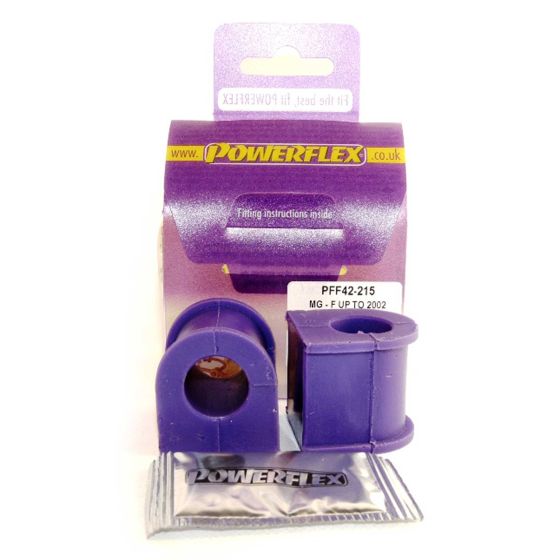 Purple anti-roll bar bushes in a pack of two, designed for front suspension, with a fitting instructions label and a small packet included.