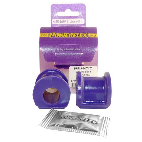 Purple polyurethane anti-roll bar bushes in a pack of two, featuring a unique design and a fitting instructions packet, labeled with Powerflex branding.