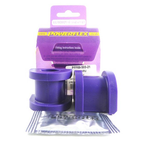 Purple polyurethane anti-roll bar bushes, 21mm, packaged in a purple and white box with fitting instructions, featuring two bushes and a silver packet below.