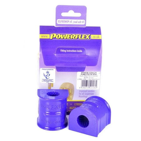 Purple sway bar to chassis bushings by Powerflex, featuring a durable rubber material, designed for Ford Focus Mk2/Mk3, Volvo C30/S40/V50, and Mazda 3, with packaging visible.