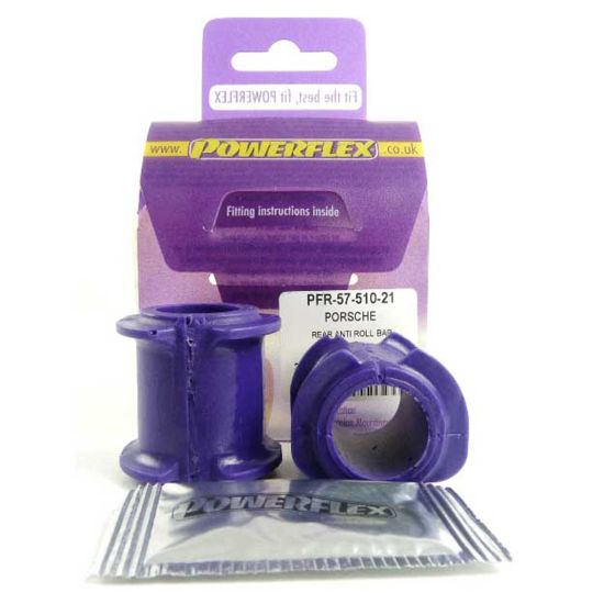 Purple polyurethane anti-roll bar bushes, designed for rear suspension, packaged in a box with fitting instructions and a Powerflex logo.