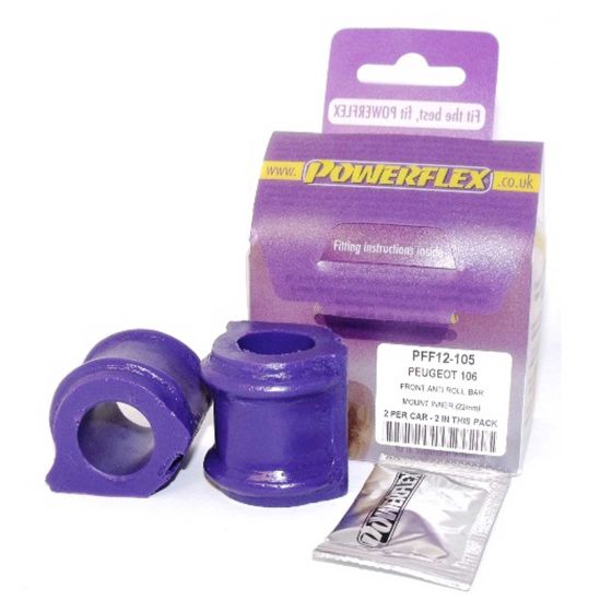 Purple rubber anti-roll bar bushes, designed for 22mm fittings, packaged in a clear box with Powerflex branding and fitting instructions.