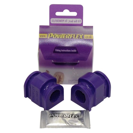 Purple rubber anti-roll bar bushes in a pack of two, designed for 22mm front bars, with a small packet of lubricant included and a cardboard backing displaying the Powerflex logo.