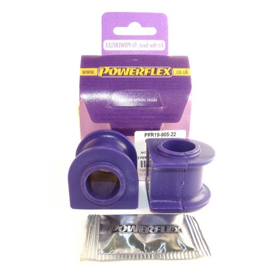 Purple polyurethane anti-roll bar bushes in a pack of two, designed for 22mm rear applications, with a branded packaging featuring the Powerflex logo.