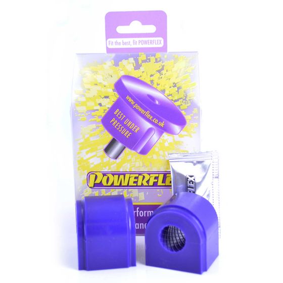 Purple anti-roll bar bushes made of durable rubber, packaged with a tube of grease, featuring a vibrant yellow and purple backing card with "Powerflex" branding.